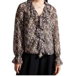 Ted Baker Bertai NWT Blush Brown Semi Sheer Ruffled Neck Pullover Blouse Sz 10